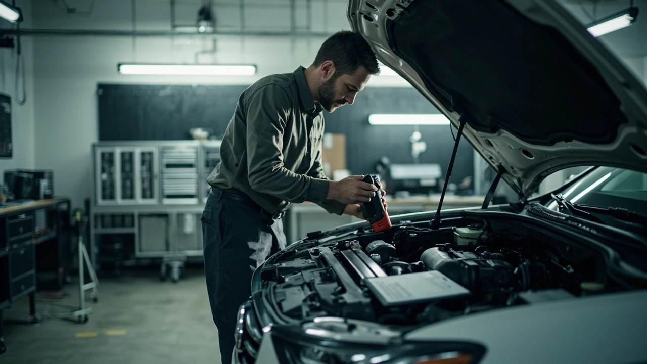 Mechanic performing a car inspection under the hood