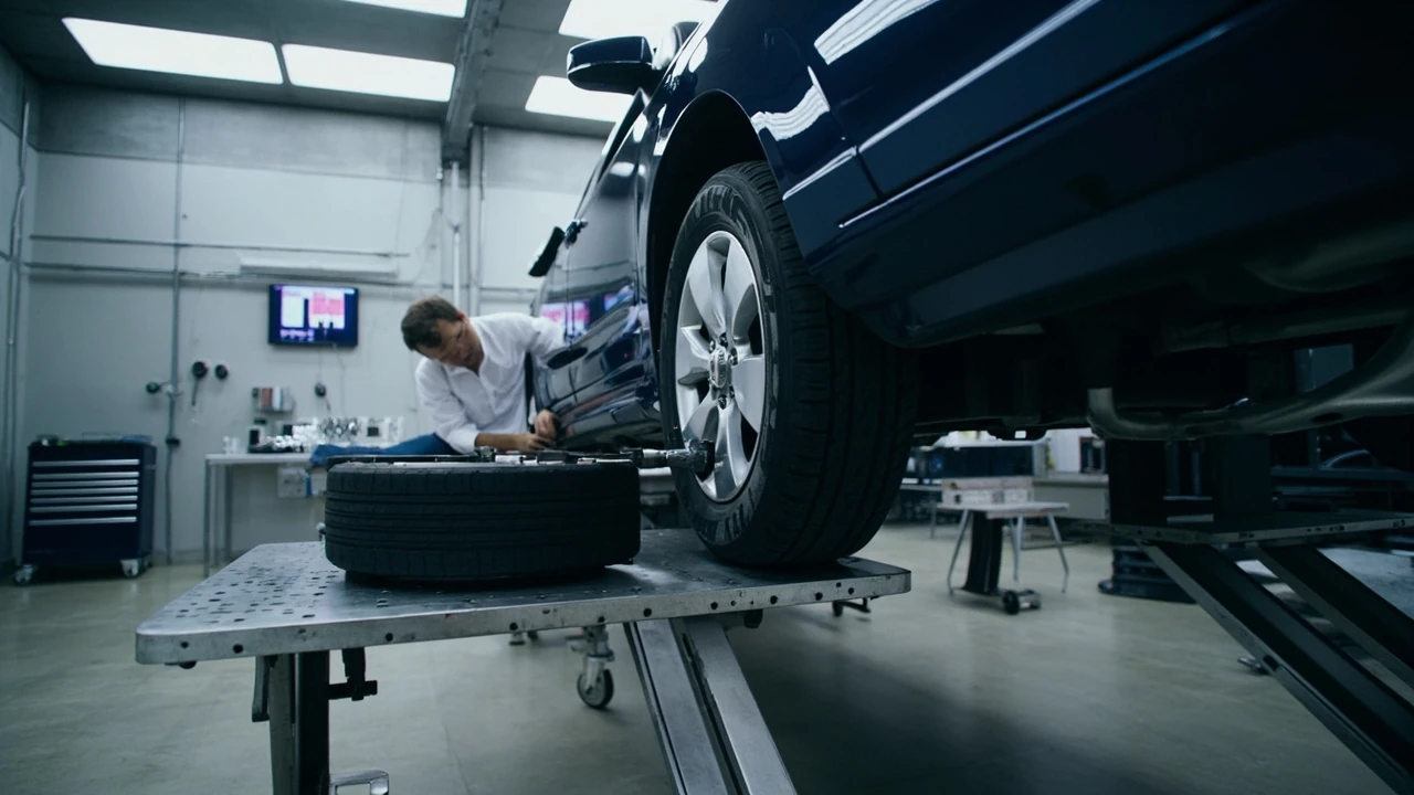 Mechanic performing 4 wheel alignment on a car with a laser sensor