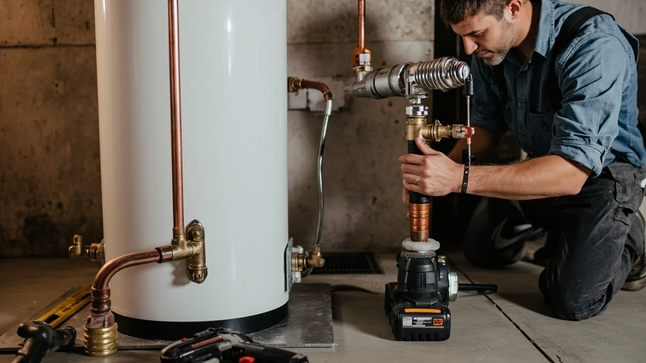 Technician installing a residential water heater as part of a water heater installation service