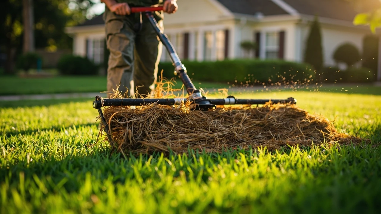 Homeowner watching a dethatching service in action on a residential lawn