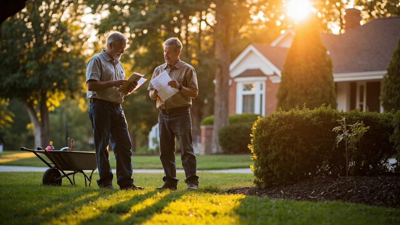 Homeowner reviewing a written landscaping service estimate outdoors