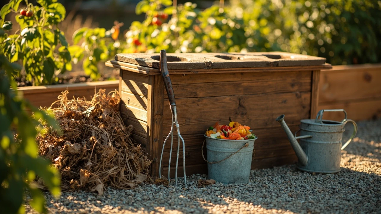 A practical composting guide illustrated with a backyard compost bin and fresh soil
