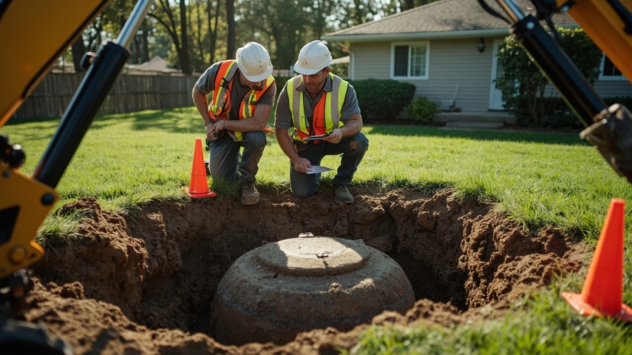Contractor inspecting a yard for septic tank replacement